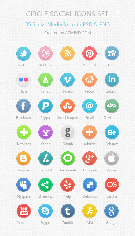 35 Circle Social Icons, PSD & PNG