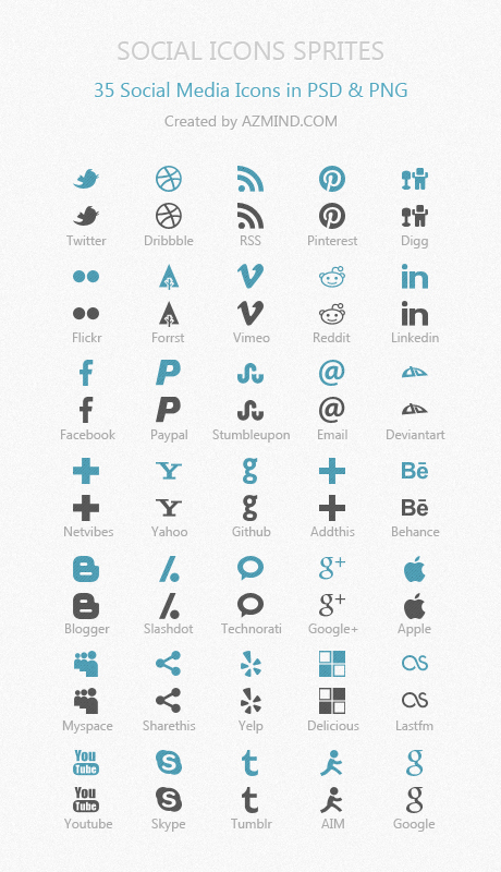 Social Icons Sprites: 35 Ready To Use Icons PSD, PNG, HTML/CSS | AZMIND