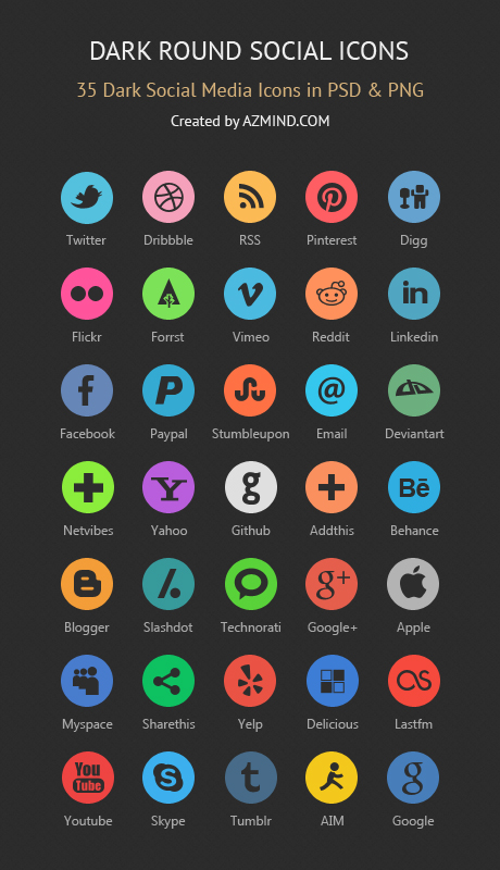 Dark Rounded Social Icons - Colored