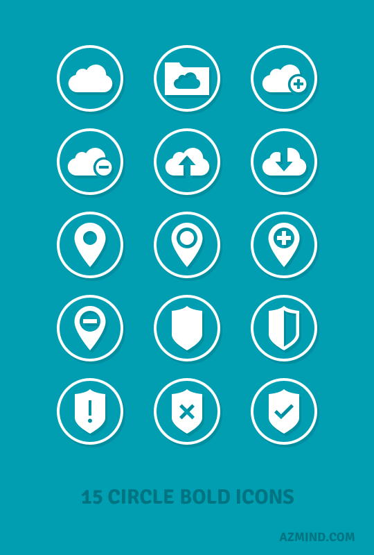 15 Circle Bold Icons, PSD: Clouds, Map Markers, Shields