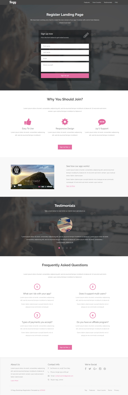Free Template Regy - Bootstrap Register Landing Page