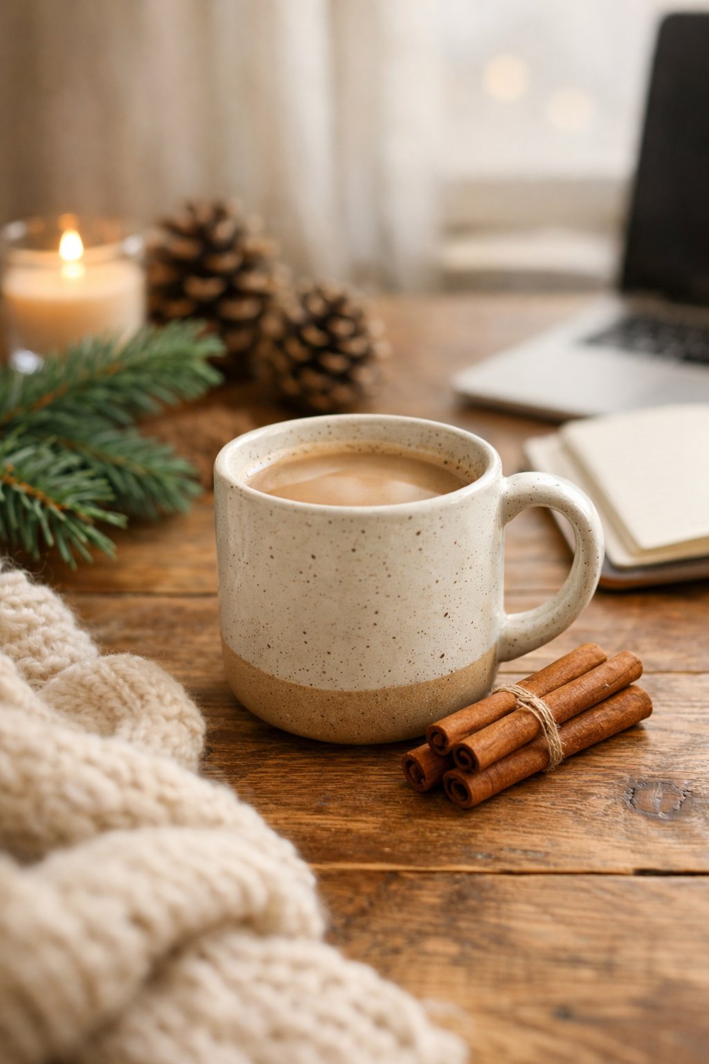 Ceramic mug with cinnamon sticks