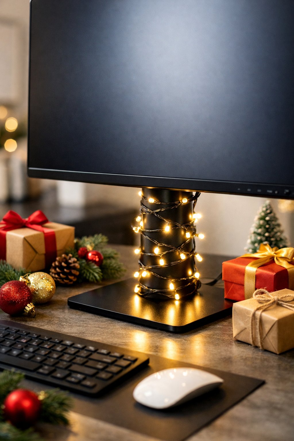 Christmas Miniature LED String Lights Wrapped Around Monitor Stand