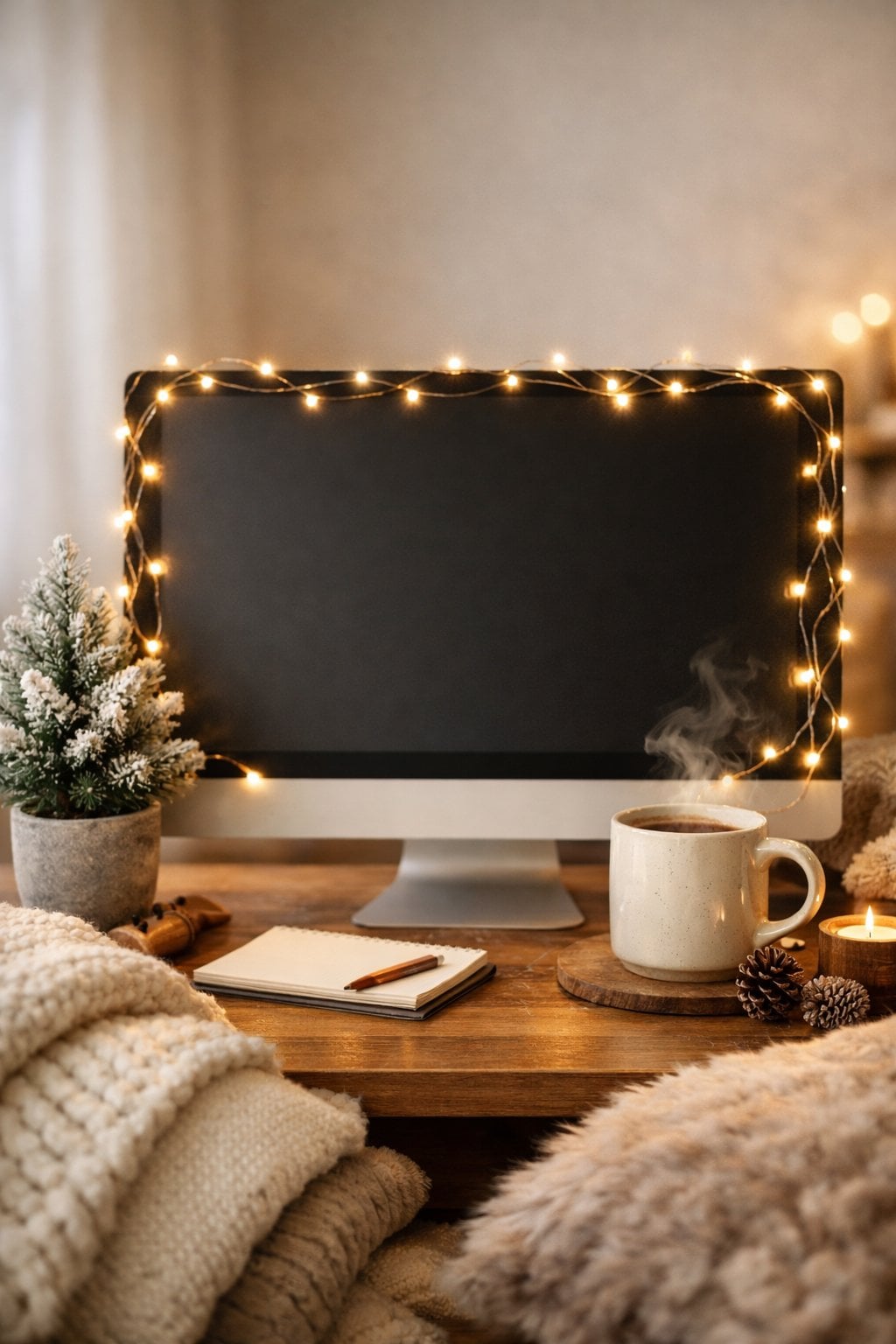 Fairy string lights draped around the monitor