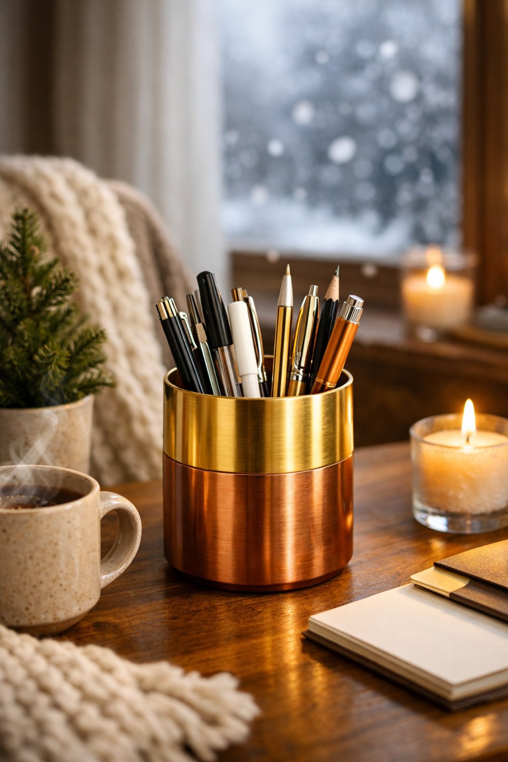 Gold and copper tone metallic pen holder