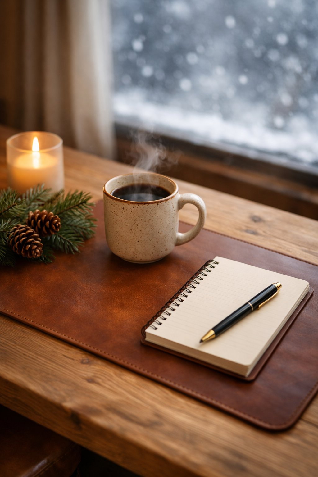 Natural wood and leather desk mat