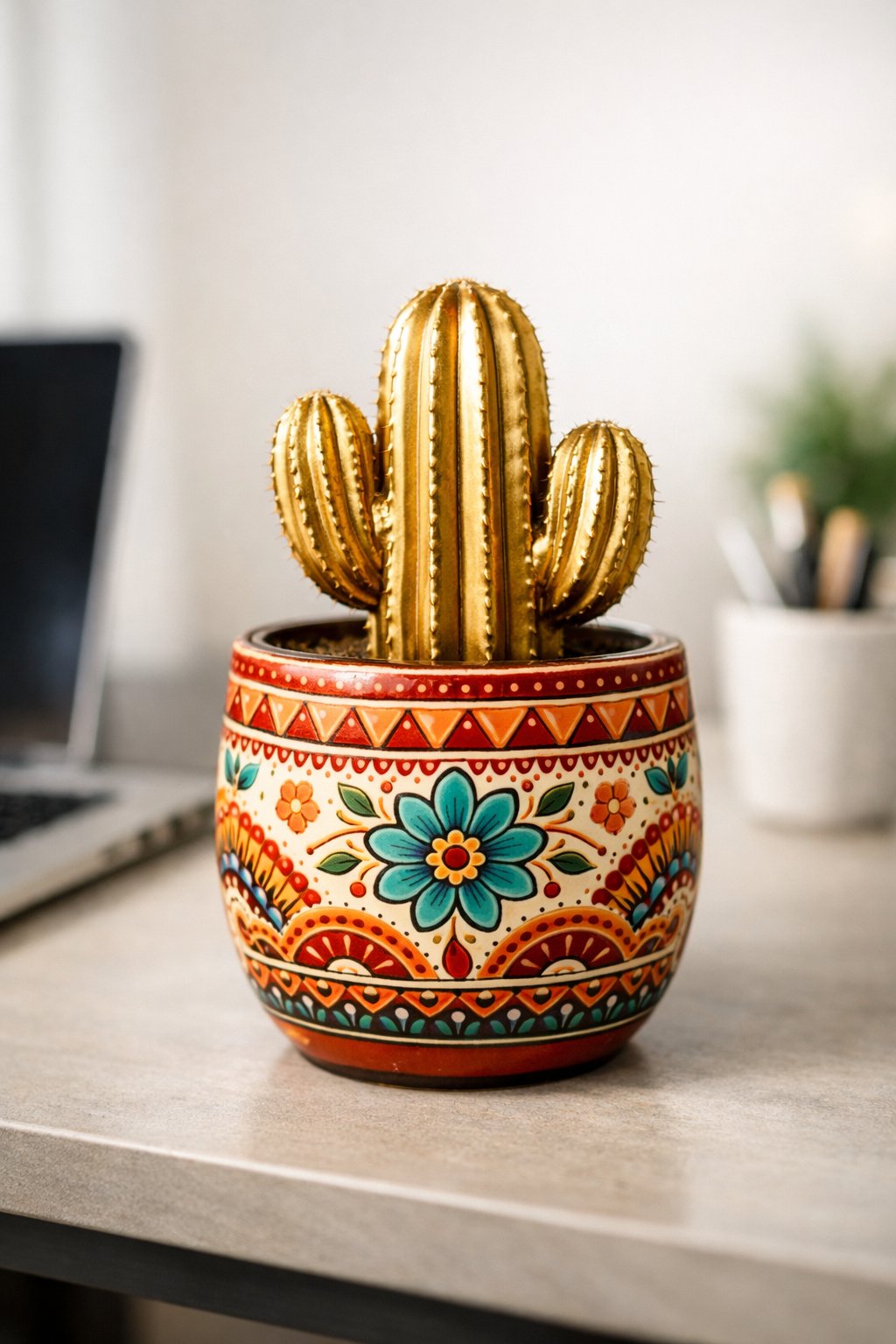 Painted Ceramic Pot with Golden Cactus