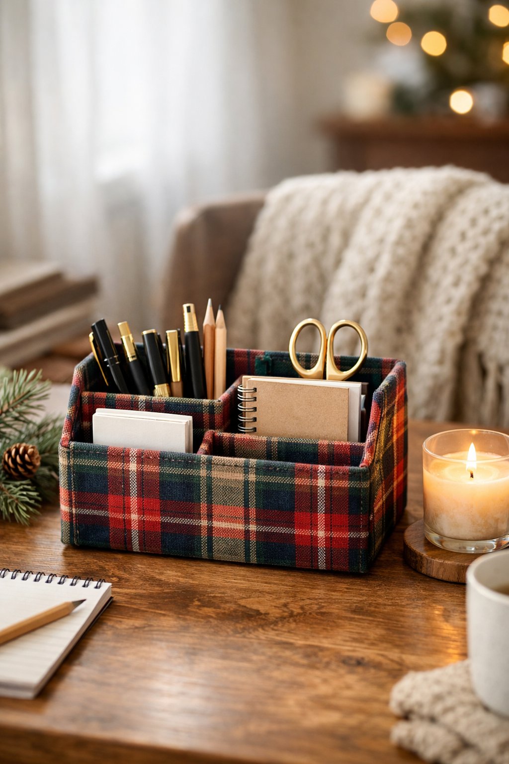 Plaid fabric desk organizer