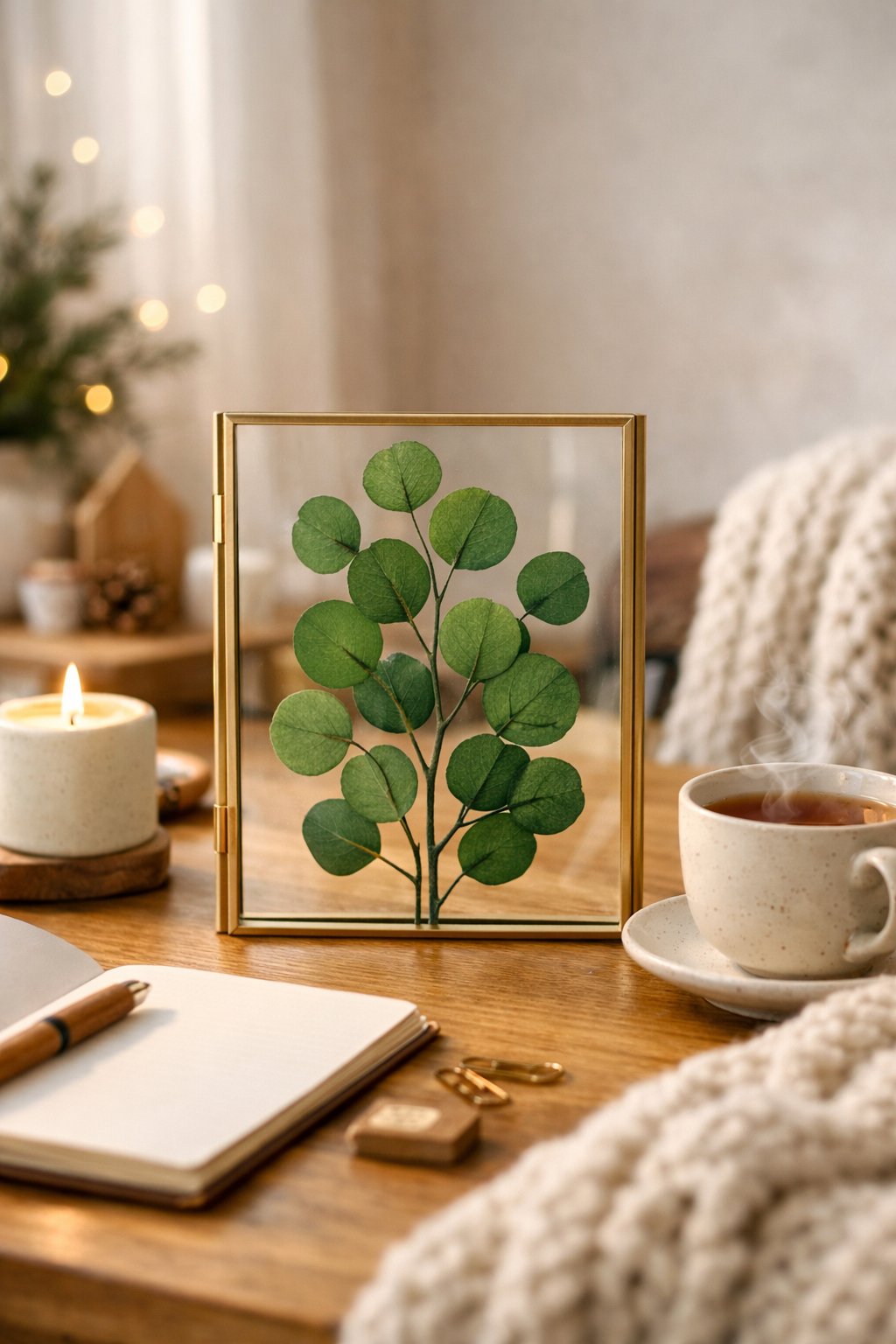 Pressed eucalyptus in glass frame