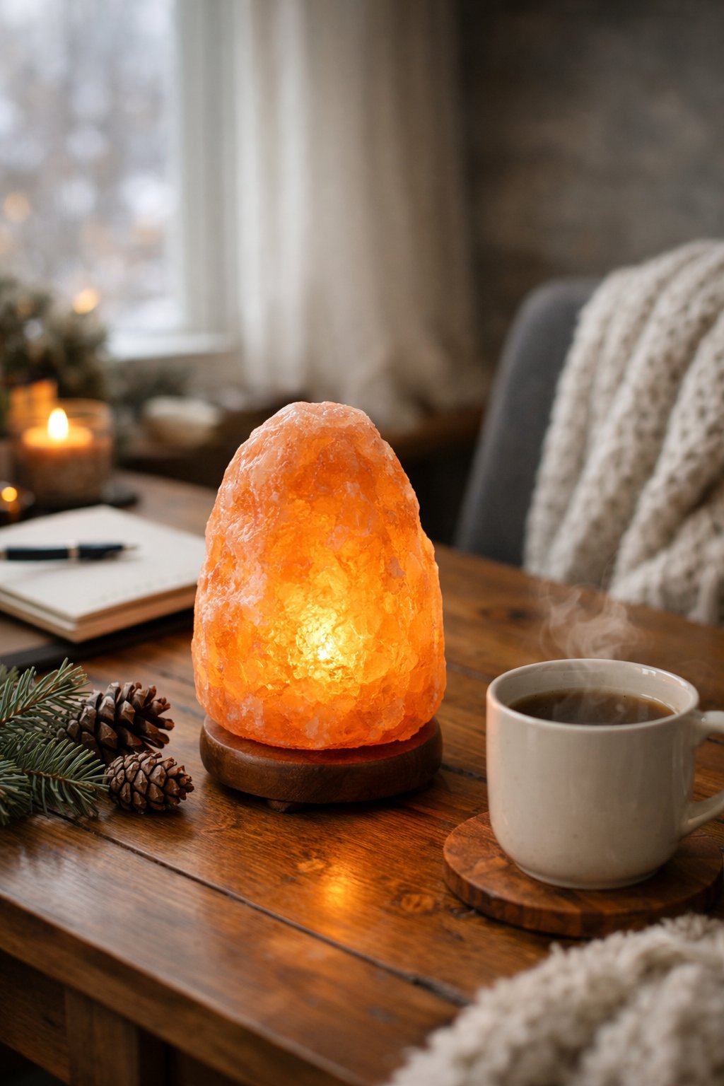 Salt lamp emitting warm amber glow
