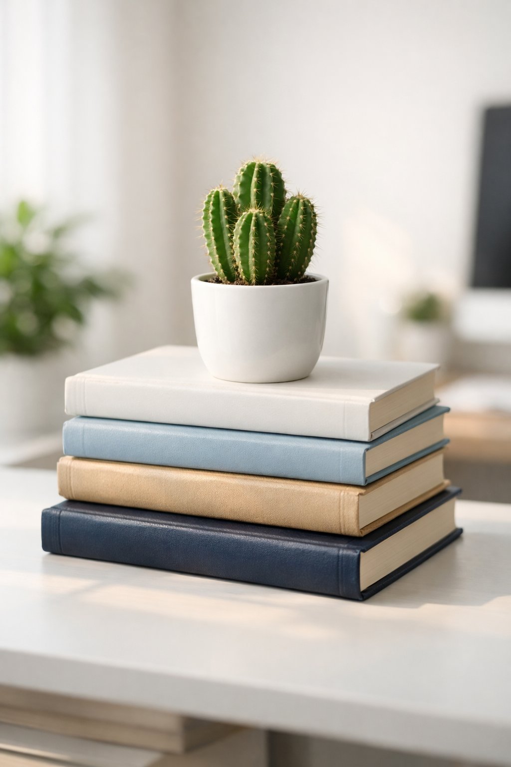 Stacked Books with a Small Cactus Topper