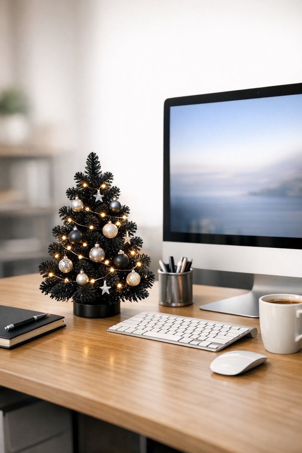 black mini Christmas tree on a desk 1
