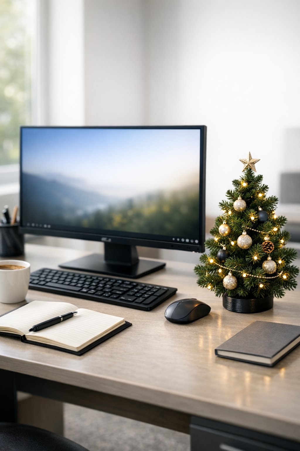 black mini Christmas tree on a desk 2