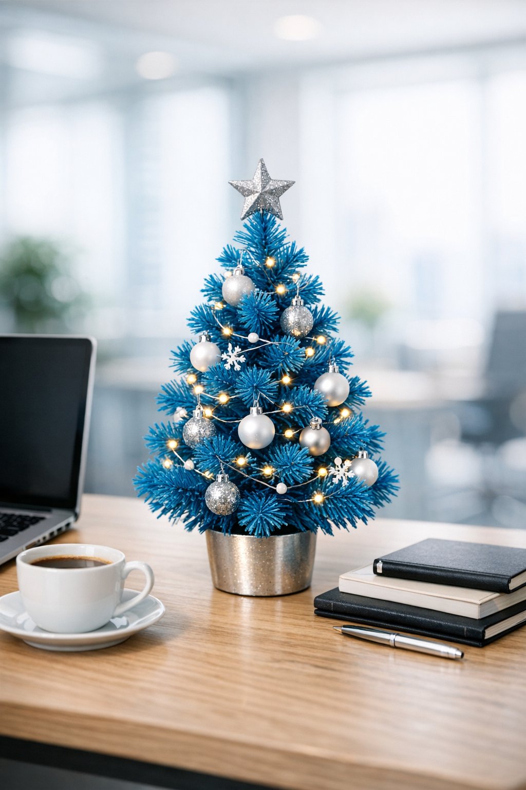 blue mini Christmas tree on a desk 1