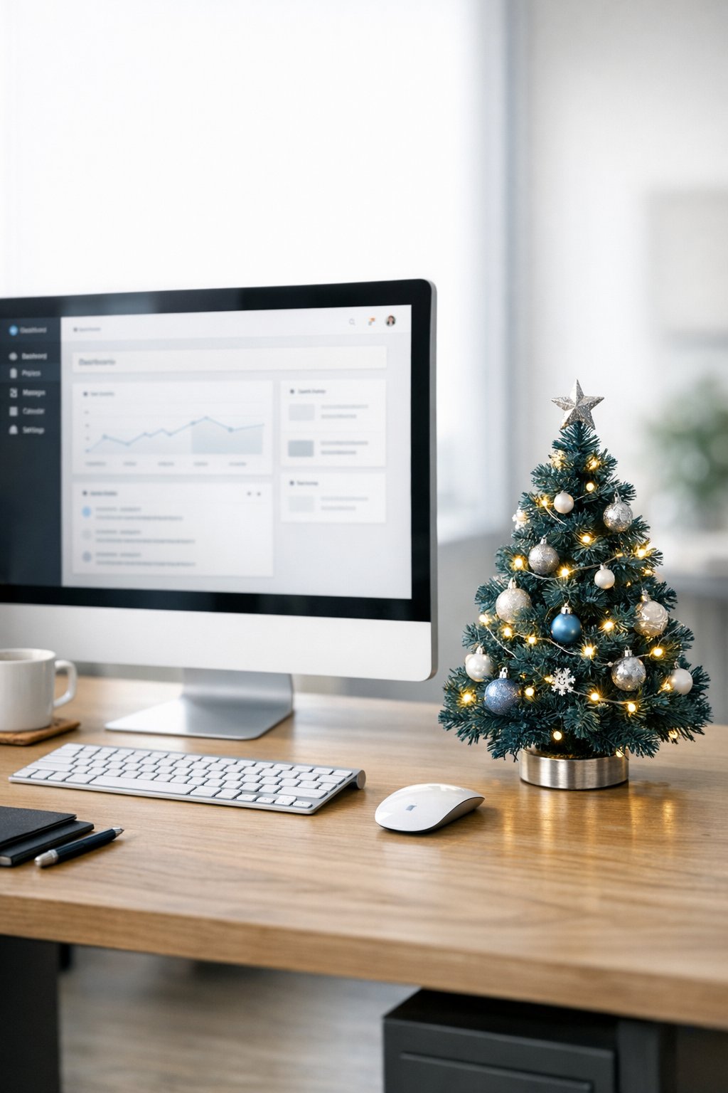 blue mini Christmas tree on a desk 2