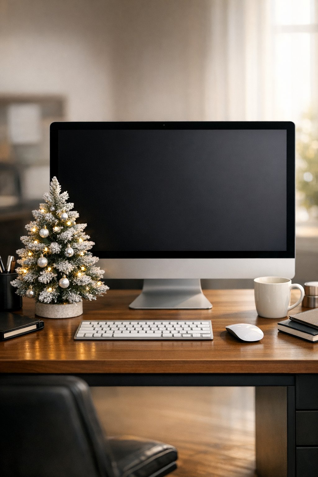 frosted mini Christmas tree on a desk 1