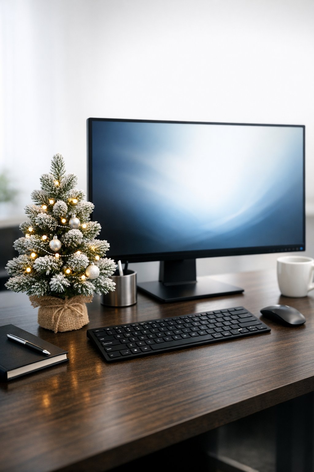 frosted mini Christmas tree on a desk 2