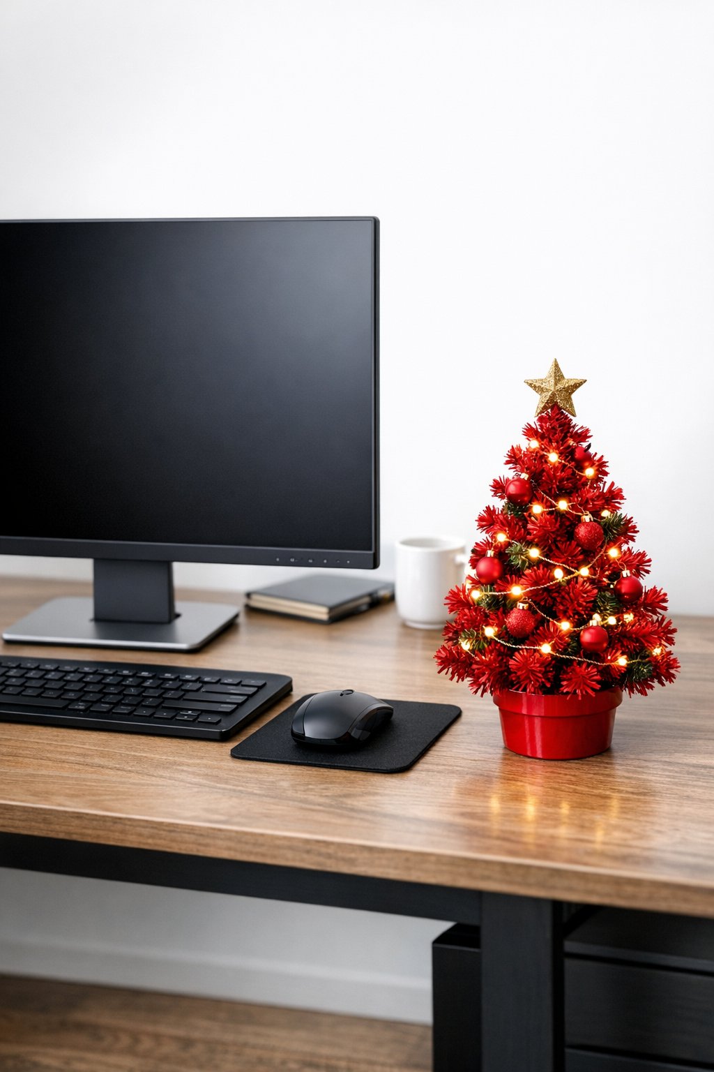 red mini Christmas tree on a desk 1