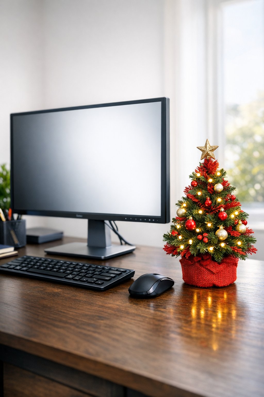 red mini Christmas tree on a desk 2