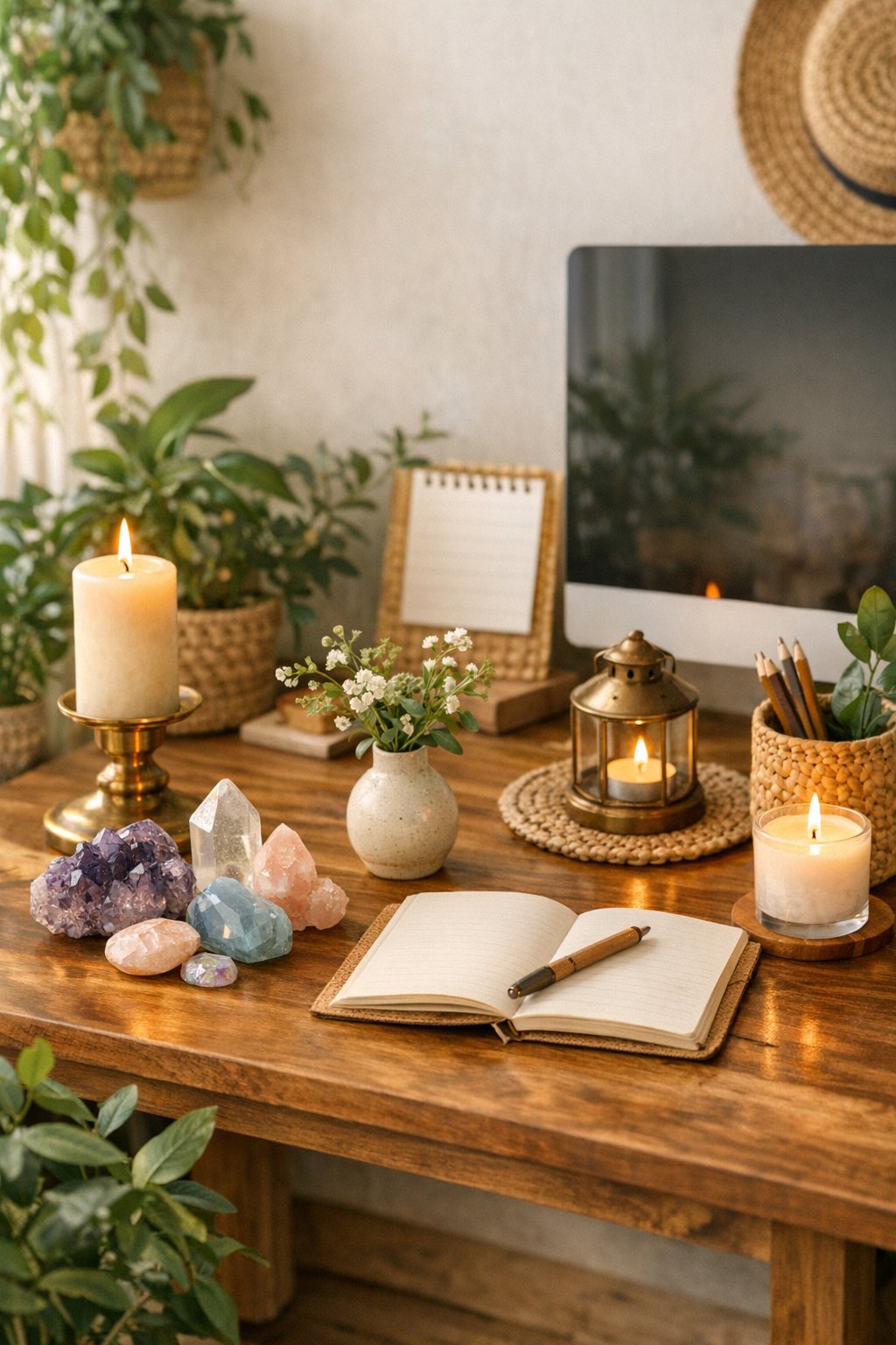 Boho Home Office Decor Idea 12 Crystals, candles, small decor