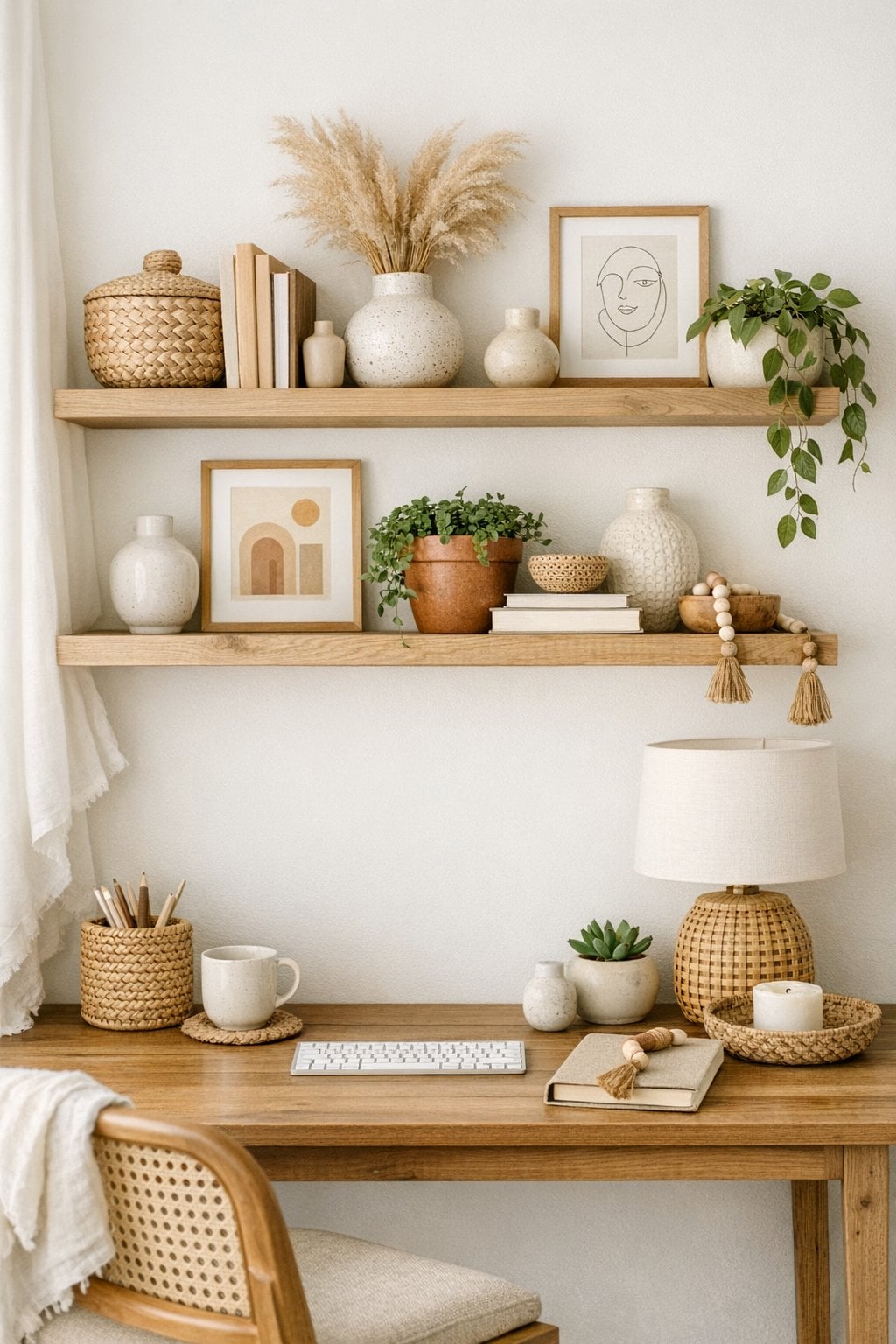 Boho Home Office Decor Idea 7 Floating wood shelves