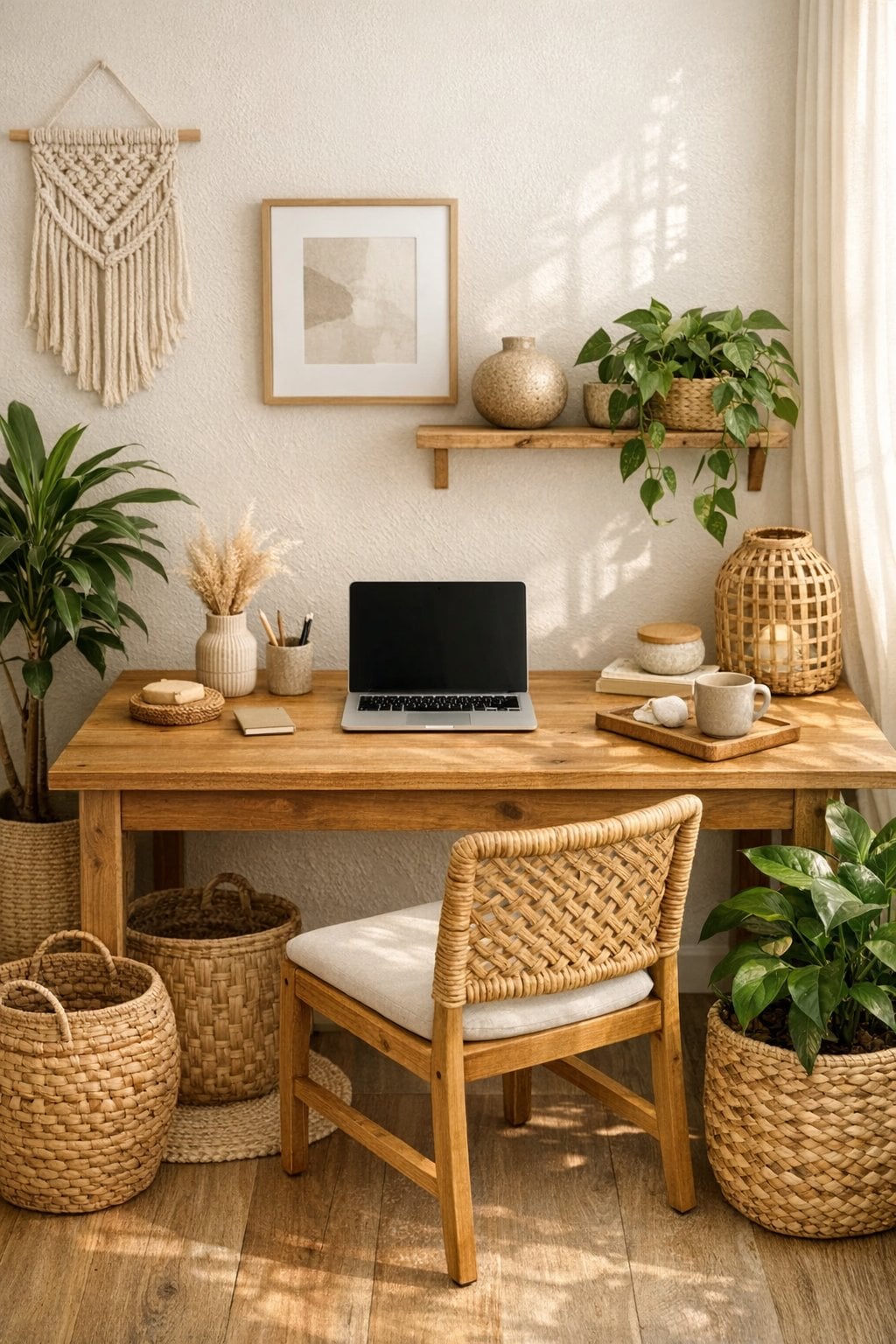 Boho Home Office Decor Idea 8 Neutral and earthy color palette