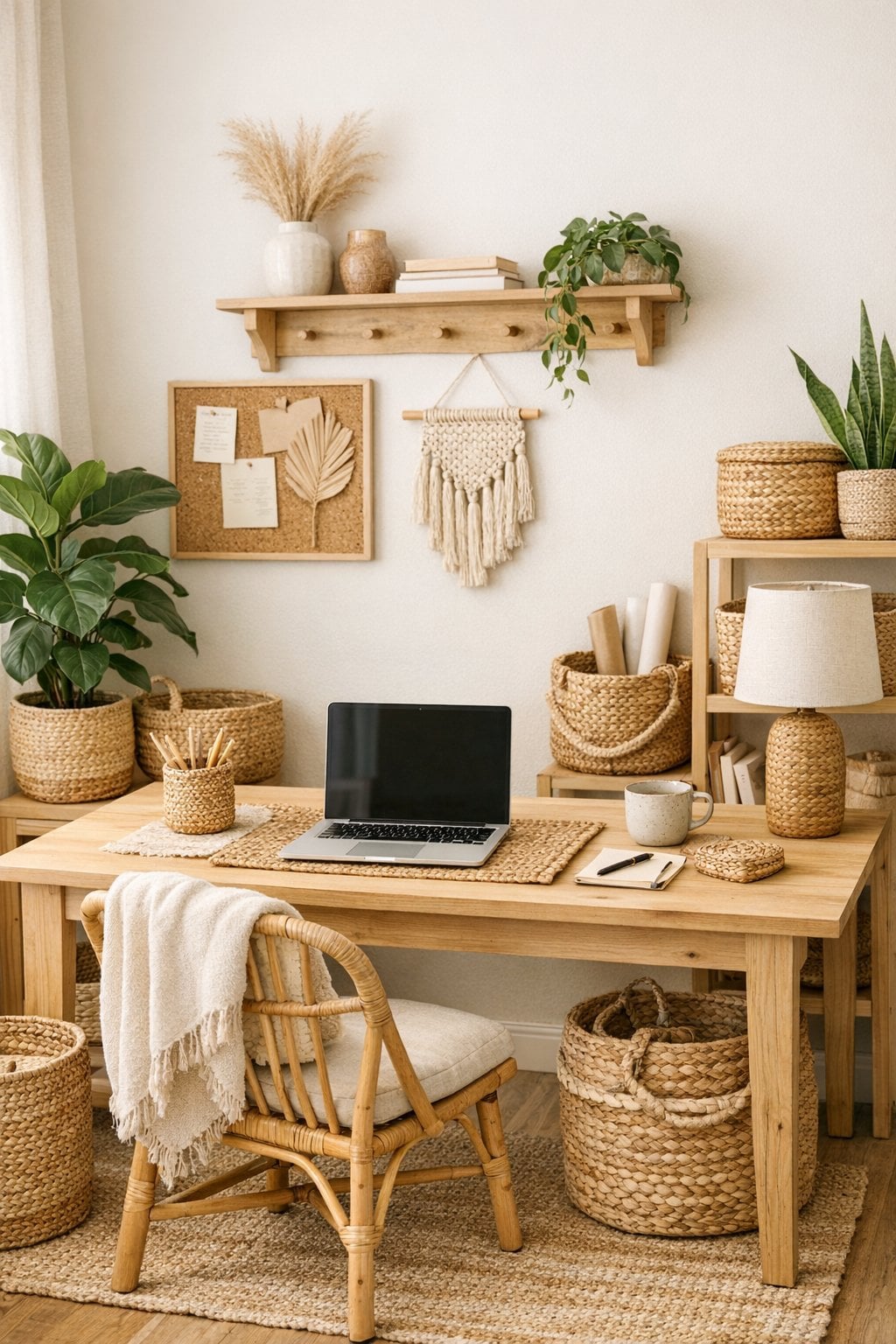 Boho Home Office Decor Idea 9 Woven storage solutions