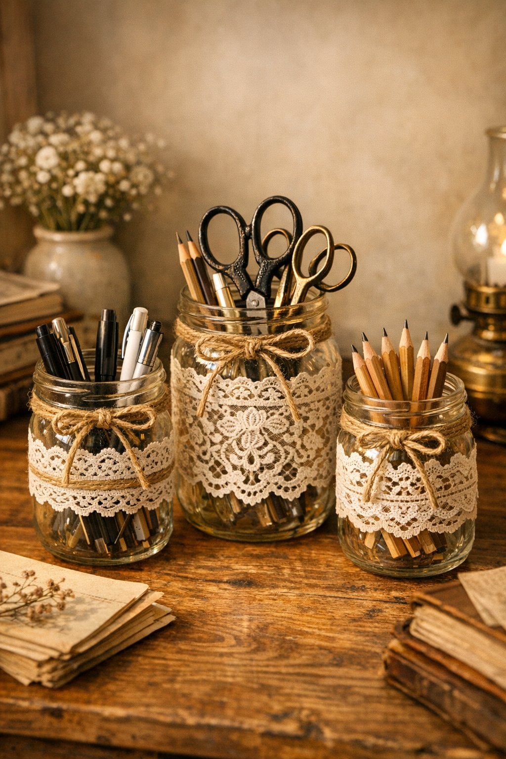 Craft Idea for Cottagecore Office Decor 3 Lace Trimmed Mason Jar Organizer