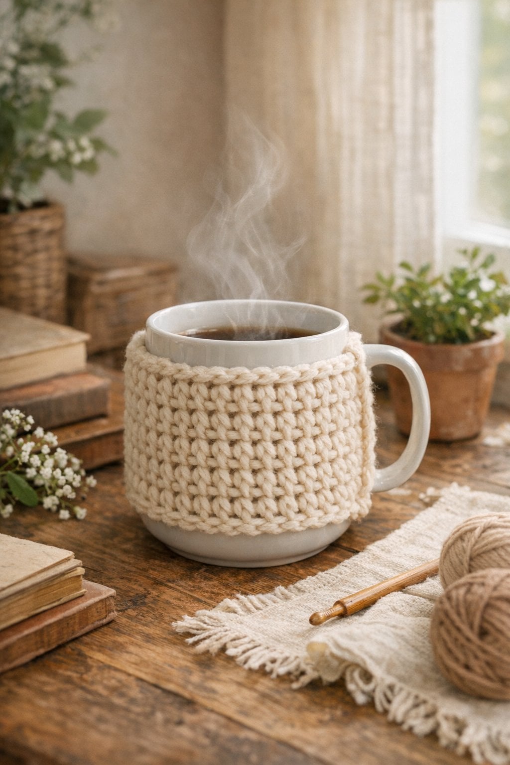 Craft Idea for Cottagecore Office Decor 8 Crocheted Knitted Mug Cozy