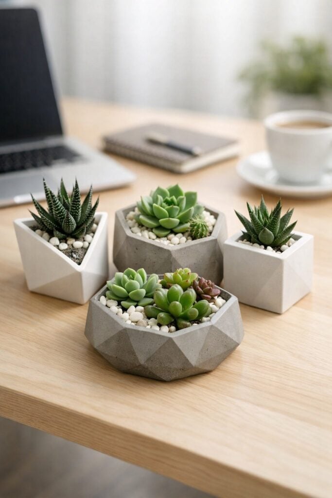 Cluster of small succulents in pots arranged on a bedroom desk workspace