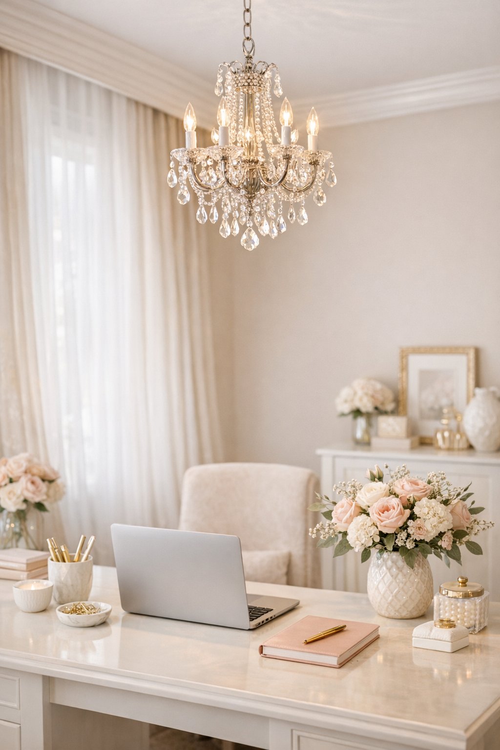 Feminine Elegant Home Office Decor Idea 4 Crystal or brass lighting