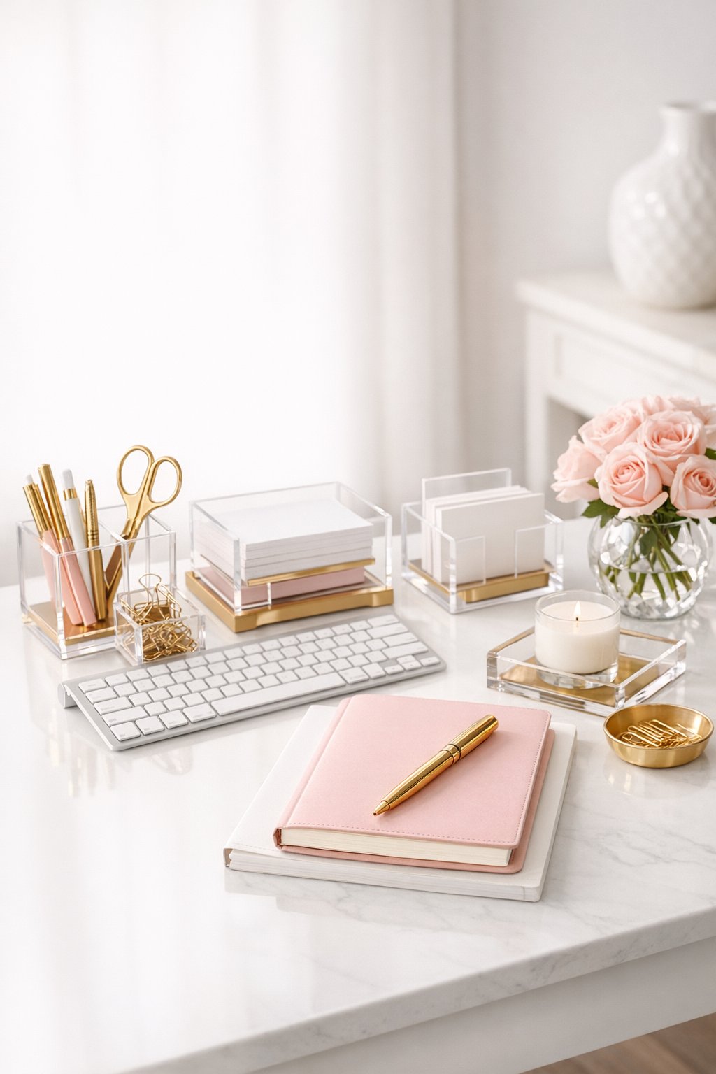 Feminine Elegant Home Office Decor Idea 8 Acrylic and gold desk accessories