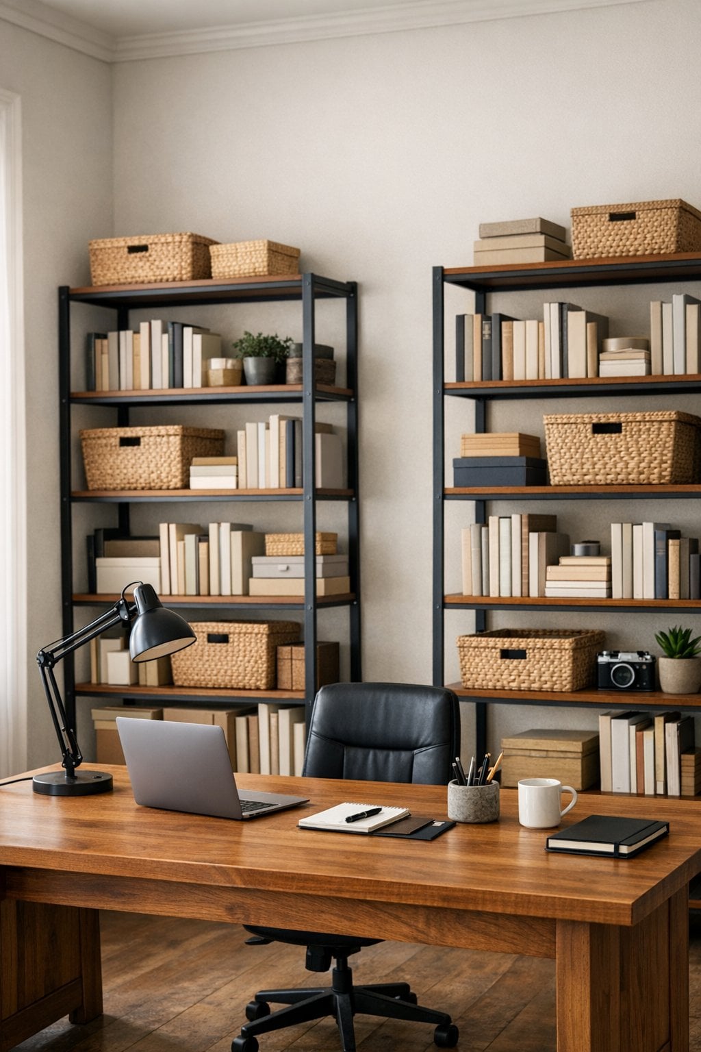 Industrial Home Office Idea 3 Black metal shelving for open storage