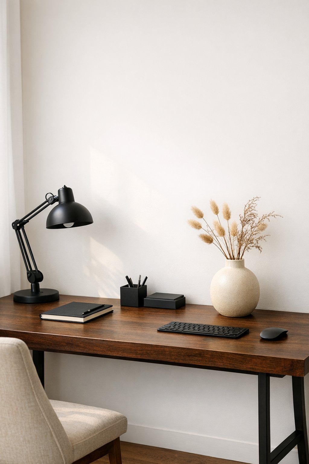 Office Decor Ideas with Dark Wood Desk 1 Warm Minimalist Workspace