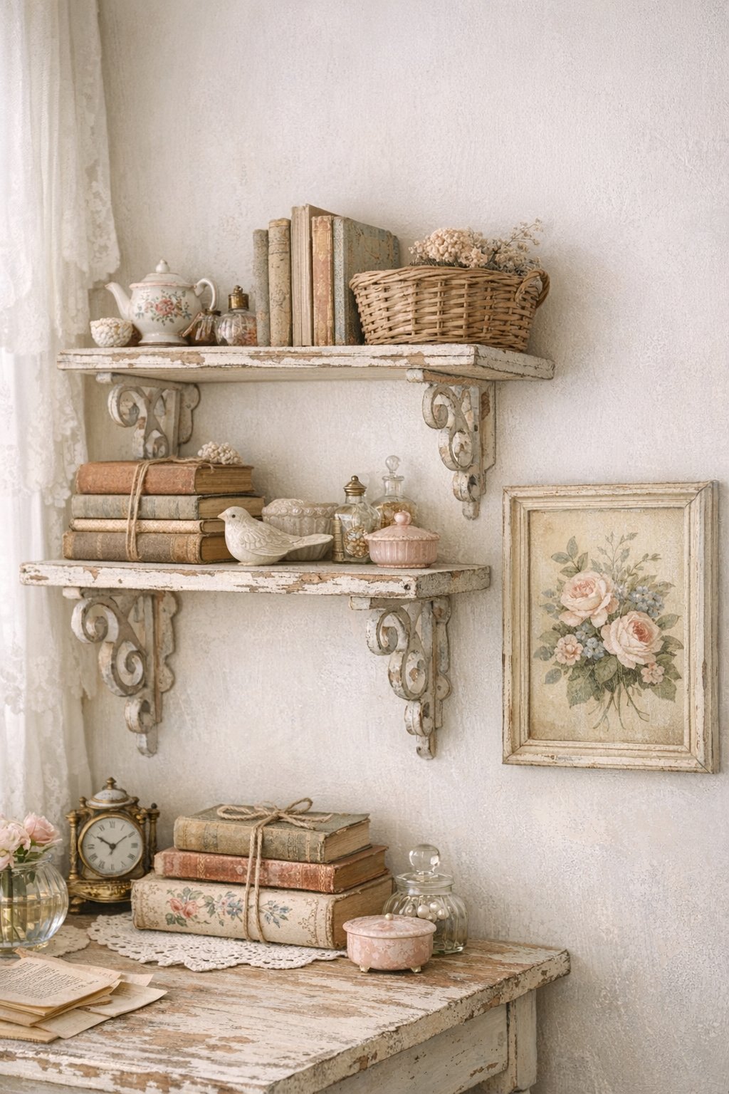 Shabby Chic Home Office Decor Idea 3 Antique wall shelves