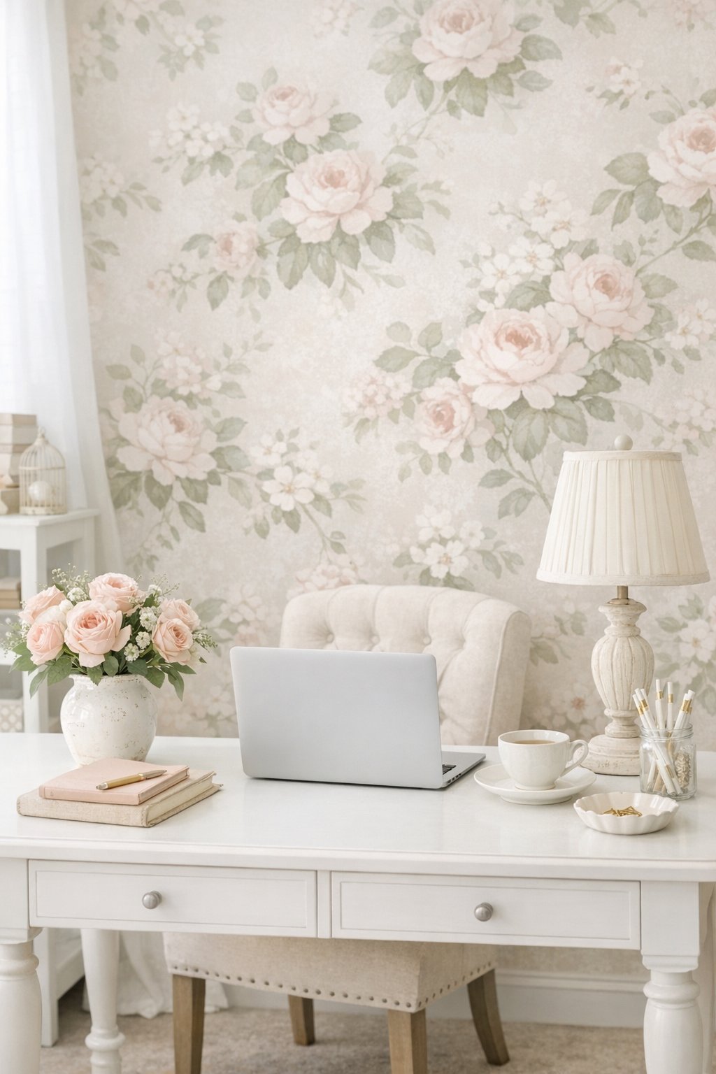 Shabby Chic Home Office Decor Idea 4 Pastel Floral Wallpaper Accent Wall