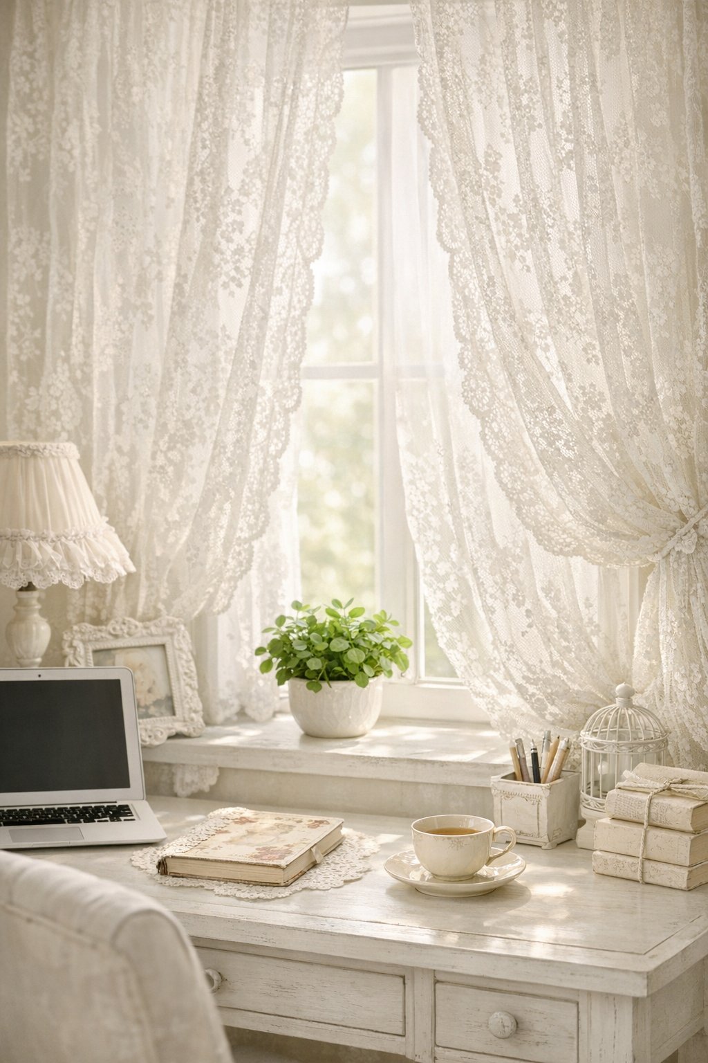 Shabby Chic Home Office Decor Idea 6 Lace or Sheer Window Curtains