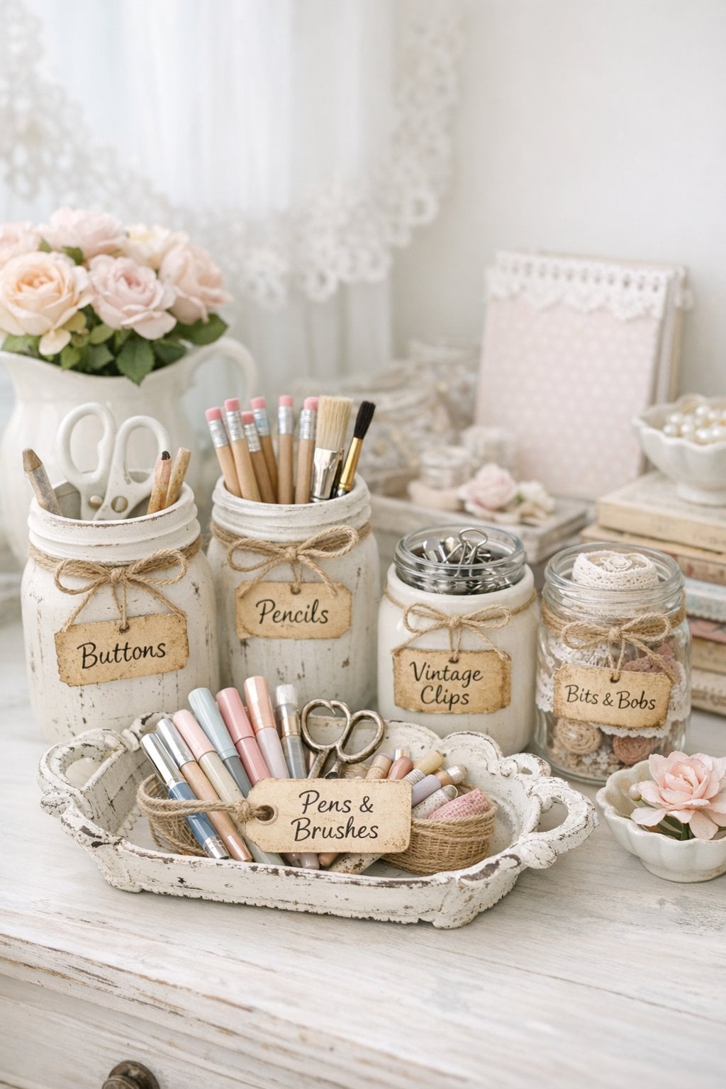 Shabby Chic Home Office Decor Idea 8 Ceramic, Mason Jar Desk Organizers