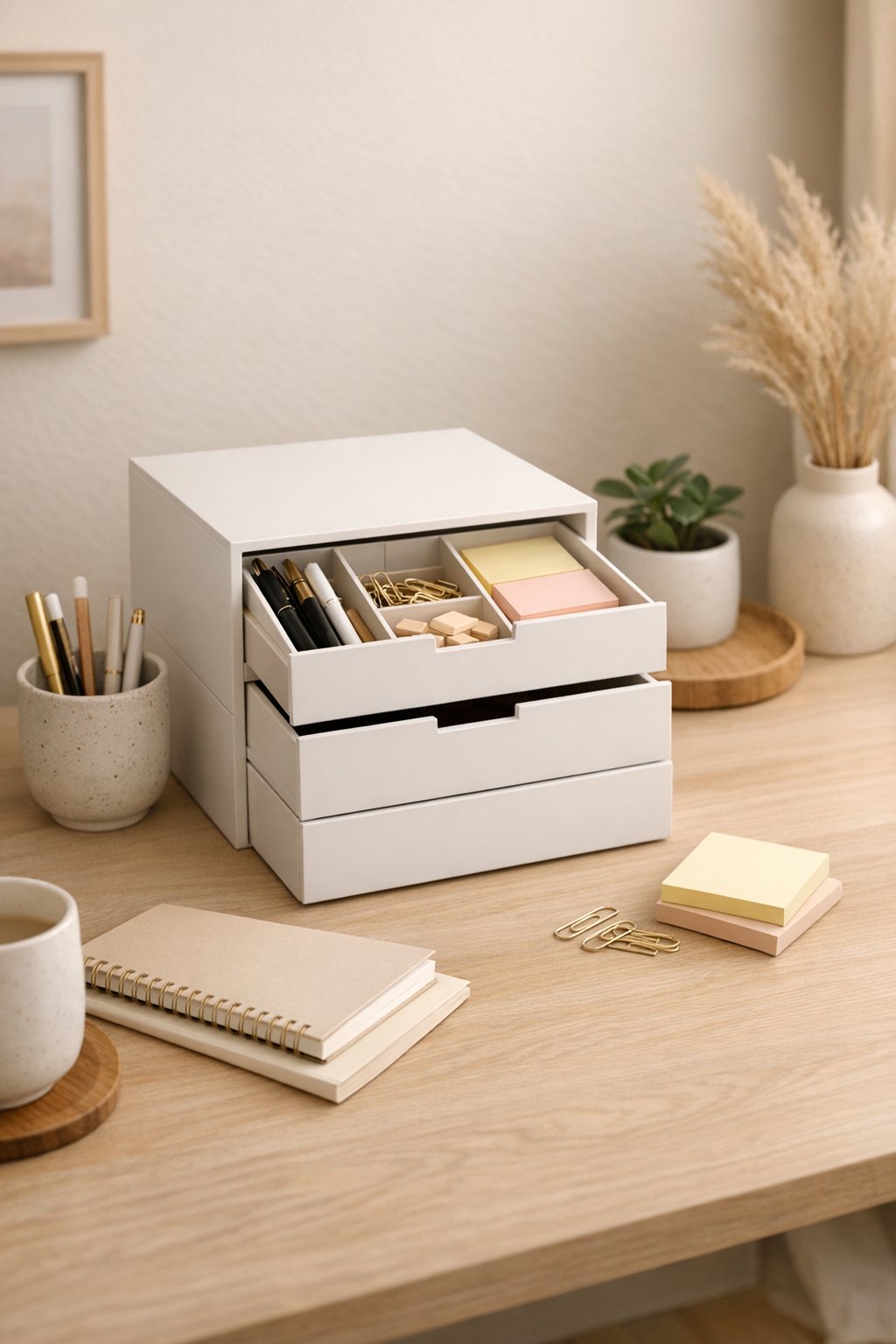 organized desk with small desktop drawer unit with office supplies