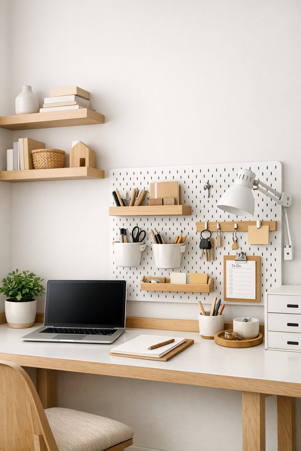small home office desk with organized vertical storage