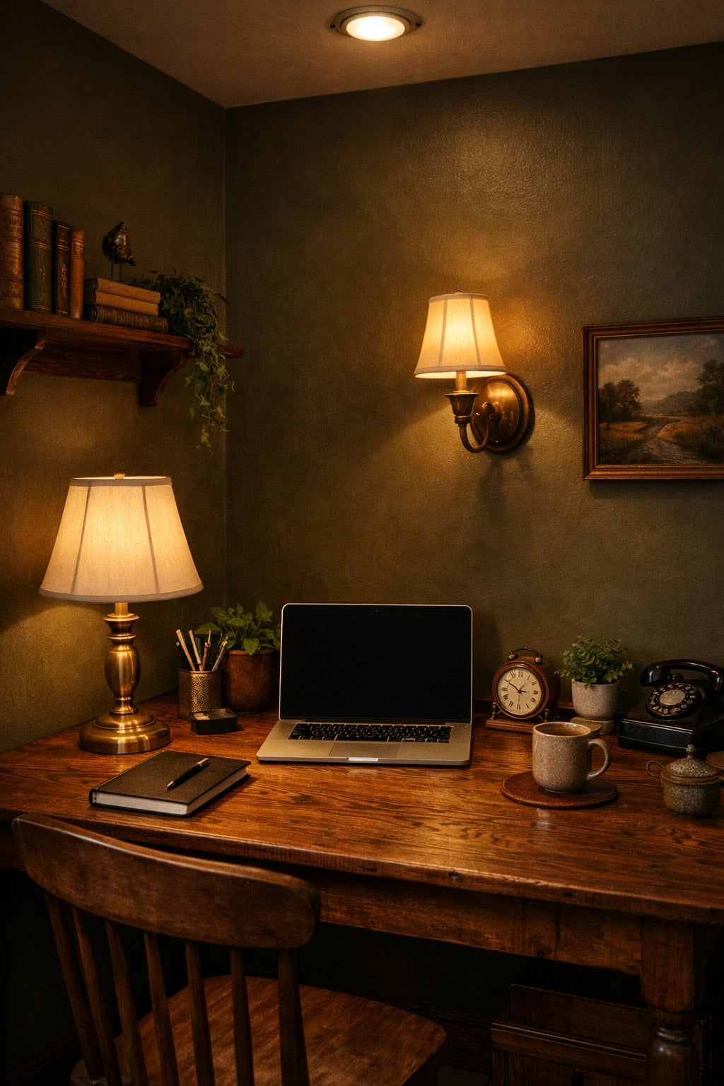 2 Dark Moody Cottagecore Home Office Decor Idea Layered Ambient Lighting