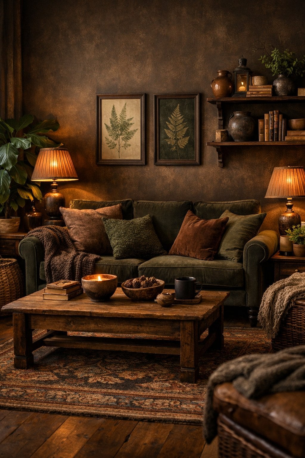 Dark Cottagecore Living Room decor idea 1 Deep, Earthy Color Palette