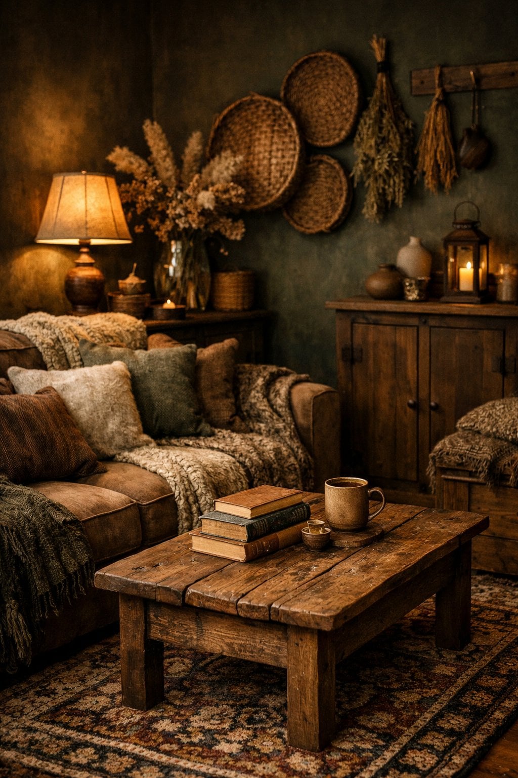 Dark Cottagecore Living Room decor idea 2 Natural Textures