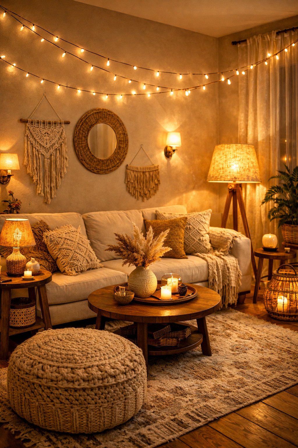 Feminine Boho Living Room Decor Idea 5 Layered Warm Lighting
