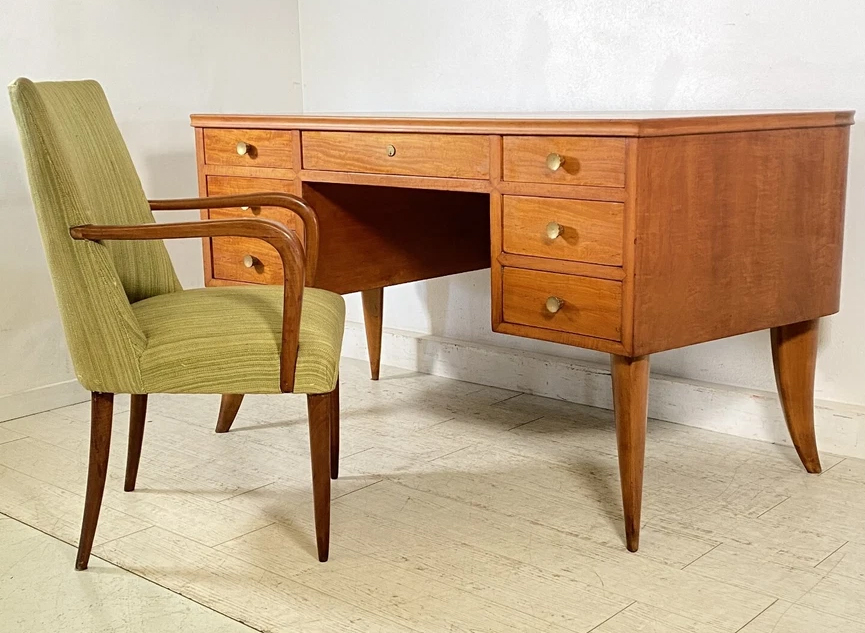 12 1960s Italian Center Desk in Solid Wood with Seven Drawers