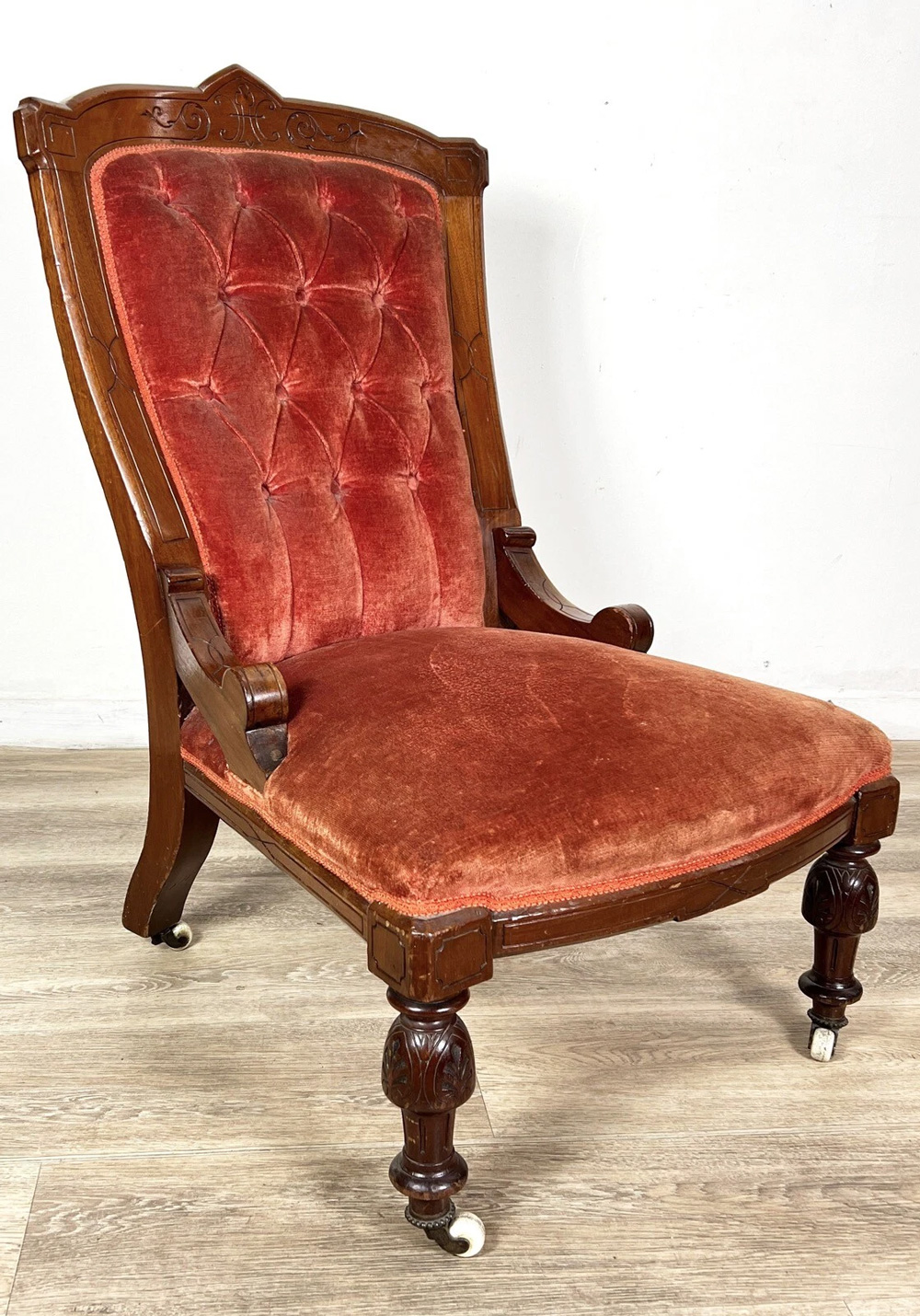 4 Red Antique Low Upholstered Chair from the 1800s