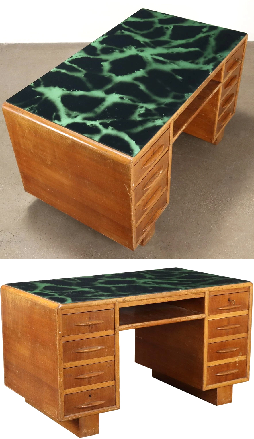 7 1940s 50s Oak Veneer Desk with a Charming Green Glass Top