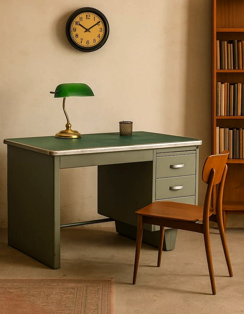 9 1960s Italian Metal Desk with a Faux Leather Writing Top
