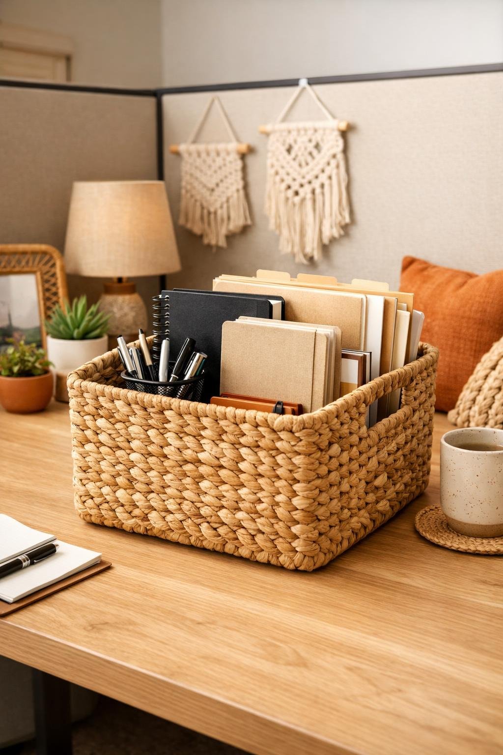 Boho Office Cubicle Decor Idea 1 Woven Seagrass Basket for Storage
