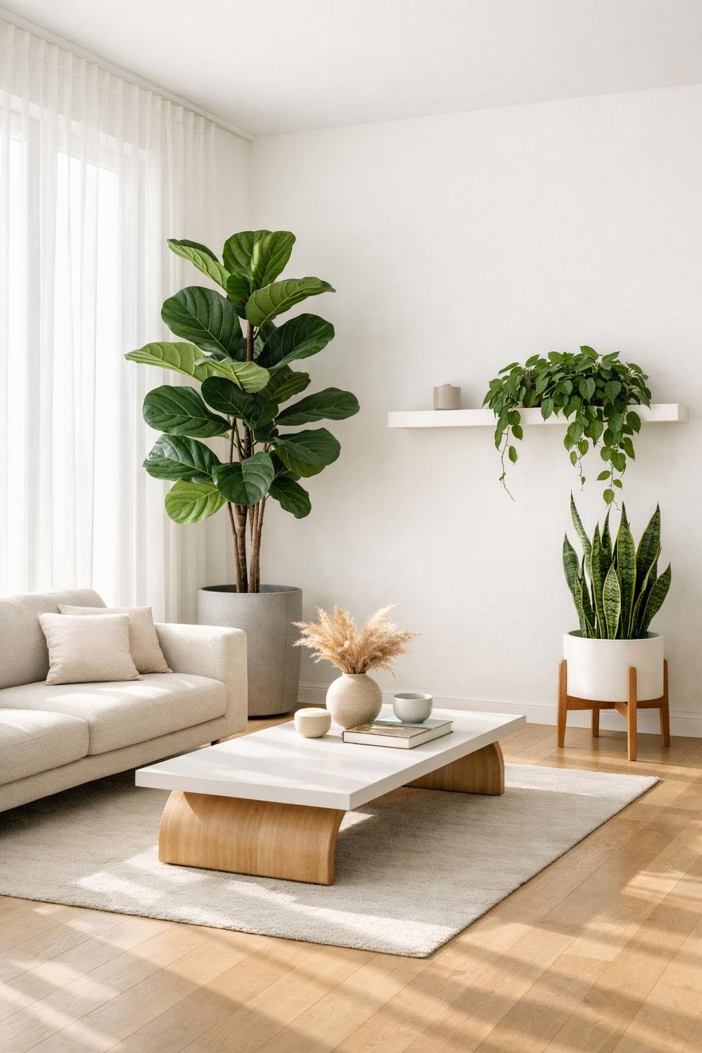 Budget Friendly Minimalist Living Room idea 7 plants sculptural decor
